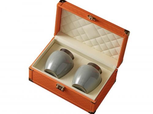 Hermes Orange Leather Box Two Ceramic Jars