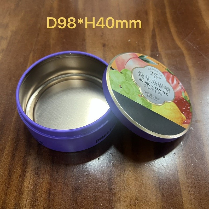 Boîte ronde en fer-blanc pour bonbons D98*H40mm, contenant en métal en fer-blanc de qualité alimentaire pour emballage cadeau de bonbons durs à la vitamine C*